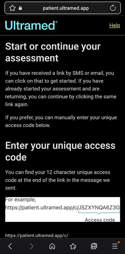 Ultramed Image showing start or continue your assessment and add your unique access code  