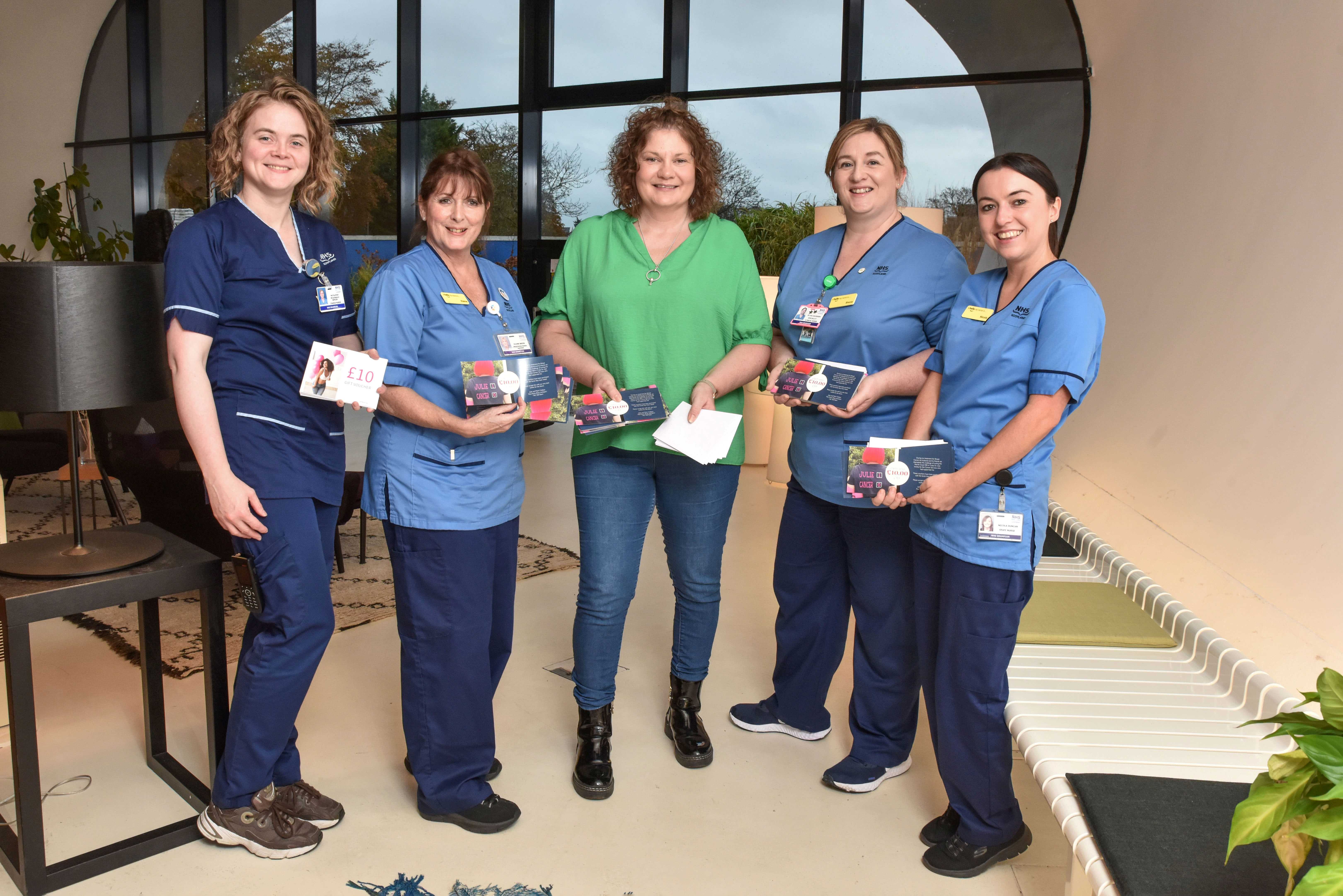 Donation 1 (L-R) Nataleigh Mcgonagle (Senior Charge Nurse), Elaine Breen (Prosthesis Nurse Adviser), Julie Cobban, Shona Davidson (Clinical Nurse Specialist), Nicola Duncan (Staff Nurse), ©NHS Grampian (L-R) Nataleigh Mcgonagle (Senior Charge Nurse), Elaine Breen (Prosthesis Nurse Adviser), Julie Cobban, Shona Davidson (Clinical Nurse Specialist), Nicola Duncan (Staff Nurse)