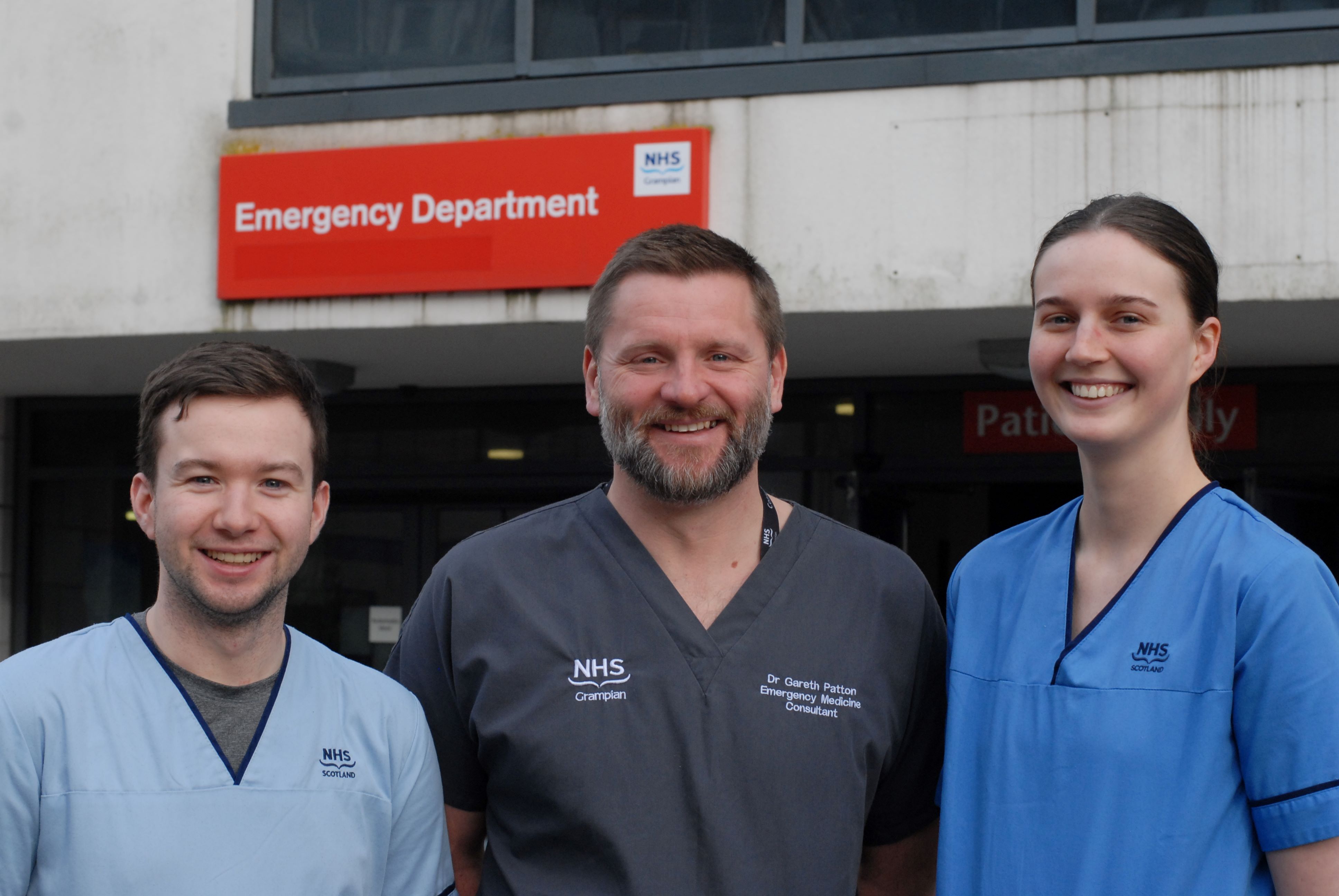 Gareth Patton, consultant in emergency medicine; Charlotte Pinkerton, staff nurse; and Alexander Brooks, senior health care support