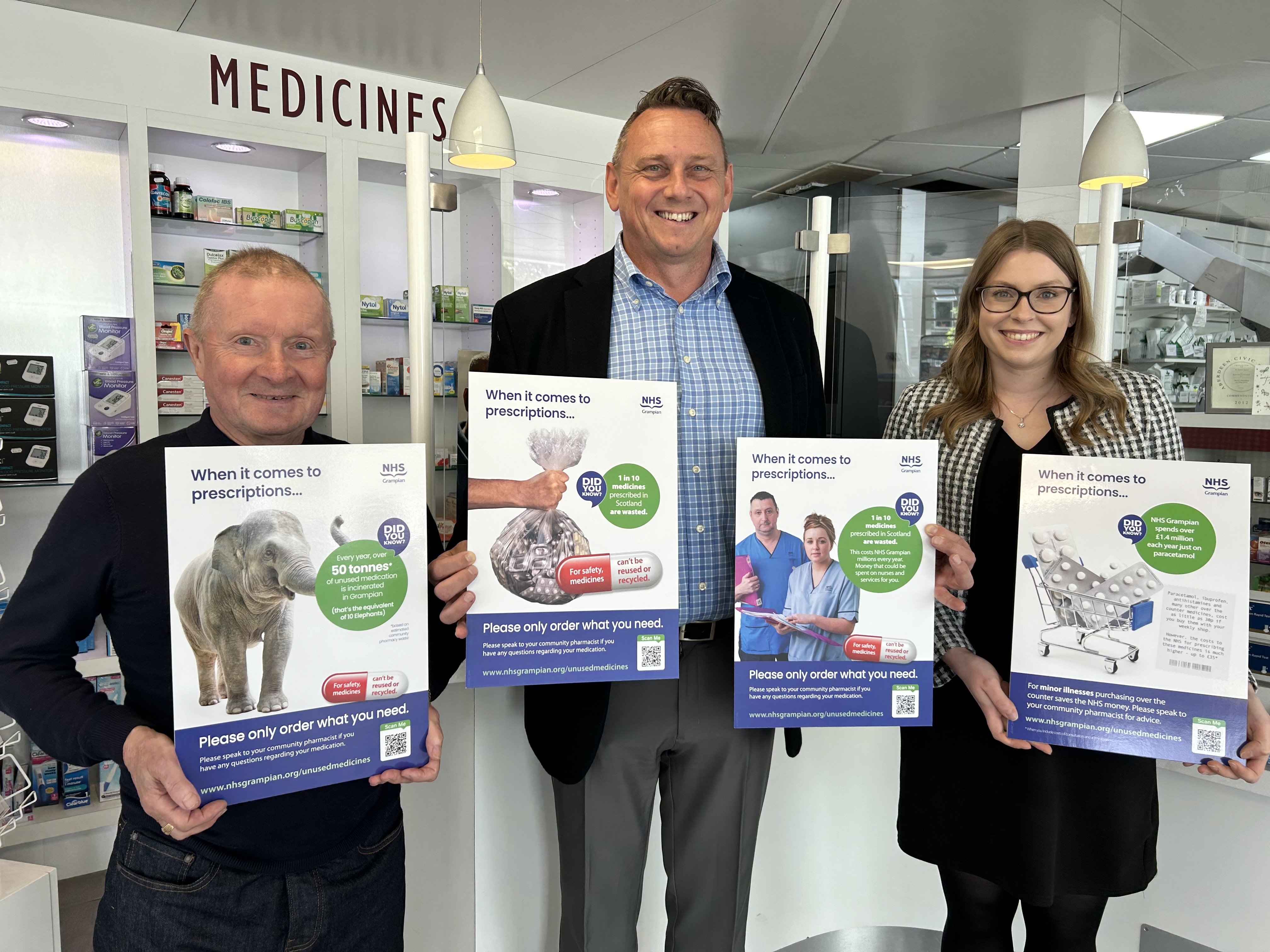 NHS Grampian launches campaign to reduce medicine wastage, ©NHS Grampian Andy, David and Anna at Baird's Pharmacy on King Street