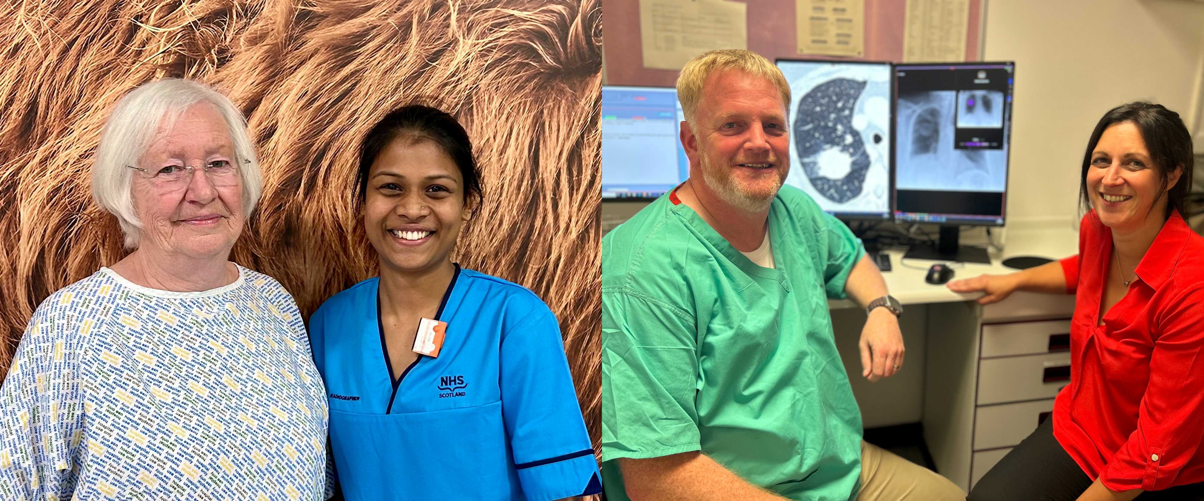 NHS Grampian paves way for using AI in lung cancer care across Scotland (l-r) Outpatient Morag Carmichael pictured with diagnostic radiographer Shivani Nairy at Dr Gray's Hospital this week and Dr Struan Wilkie and Lorna Cameron