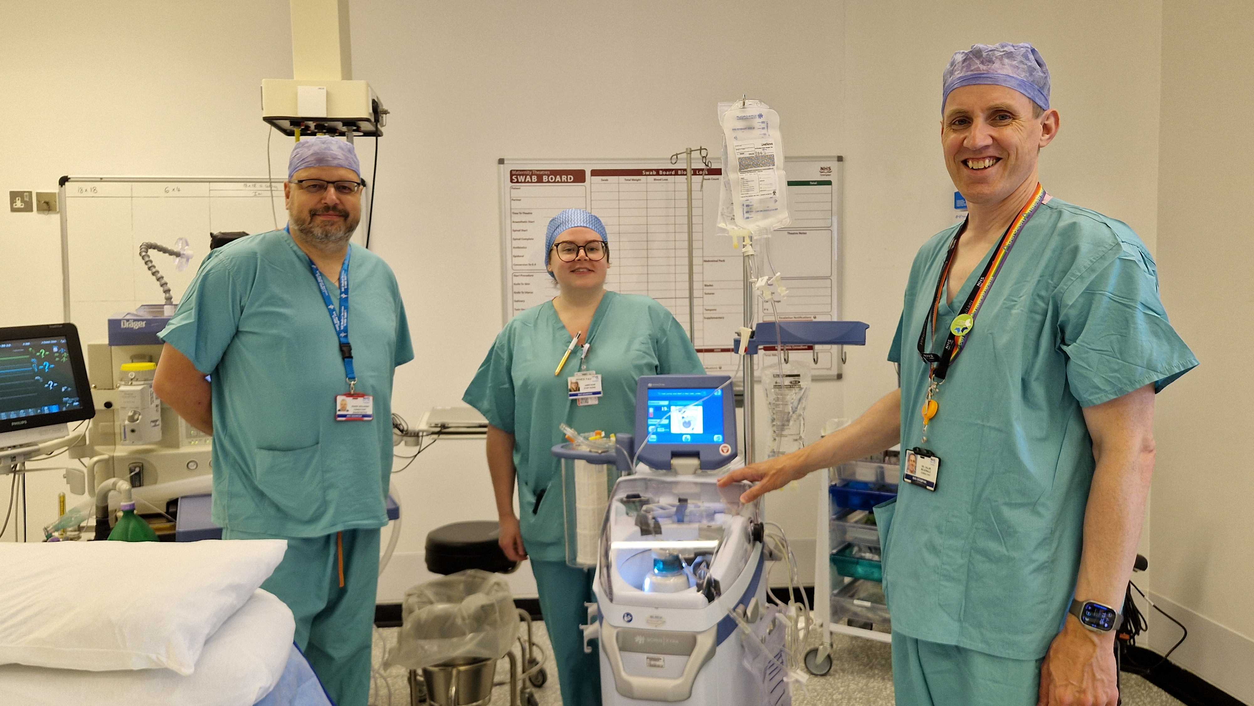 Consultant anaesthetist Marek, staff nurse Abbie and consultant anaesthetist Calum in theatre at Dr Gray’s Hospital.