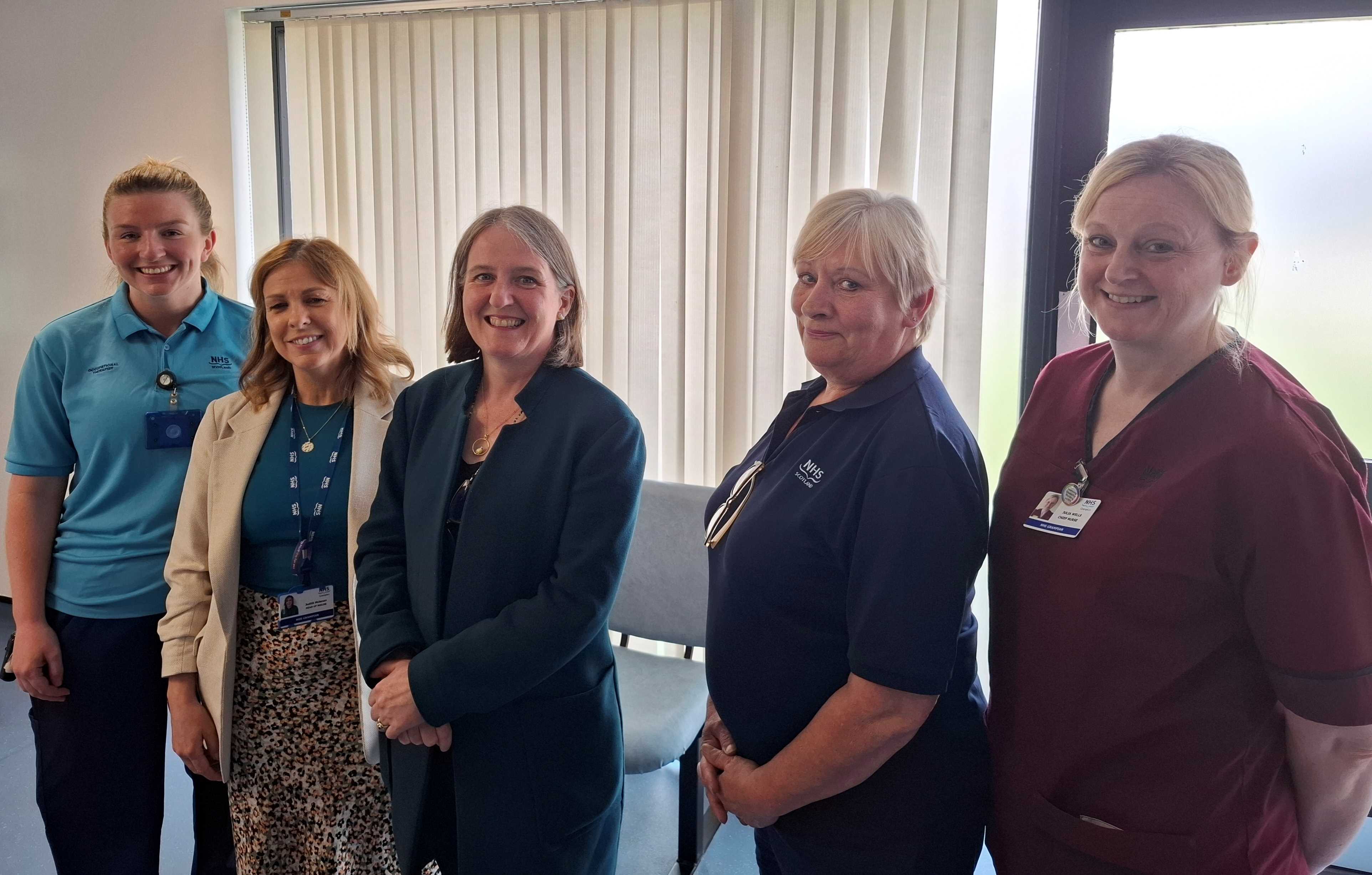 Ministerial visit highlights progress made at Royal Cornhill Hospital , ©NHS Grampian L-R Highly specialist occupational therapist, Leanne Cuthbert, Judith McLenan (Head of Specialist Mental Health and Learning Disability Services), Maree Todd, Blair Unit senior charge nurse Lorna Milne, and Julia Wells, Chief Nurse for Adult Mental Health