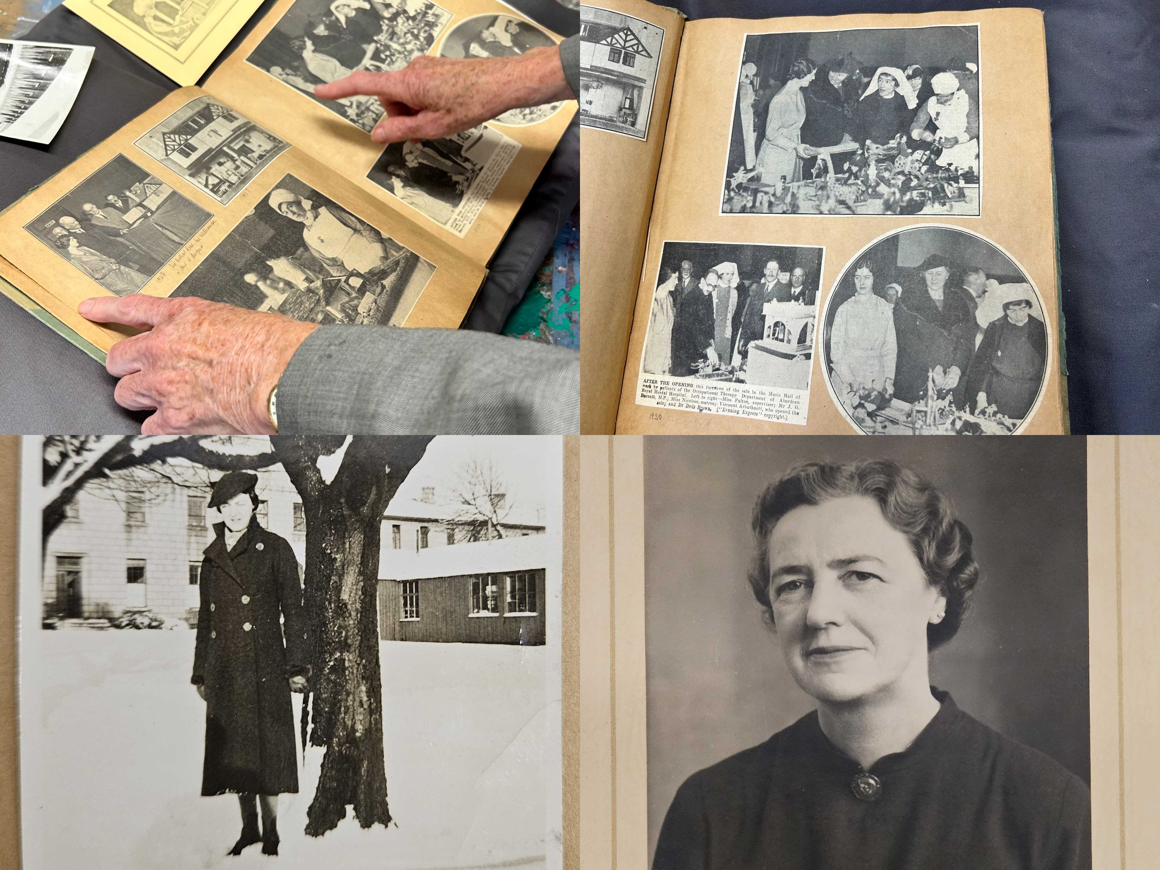 Collage of photos of Margaret Barr Fulton and images taken of the newspaper cuttings albums now held by NHS Grampian Archives.