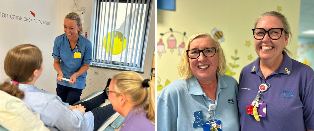 (left photo) Rachel during an appointment with nurse specialist Chantelle, with support from play specialist Wendy. (right photo) Play worker Alison Smith (left) and play therapist Wendy Joss (right) at Royal Aberdeen Children’s Hospital.