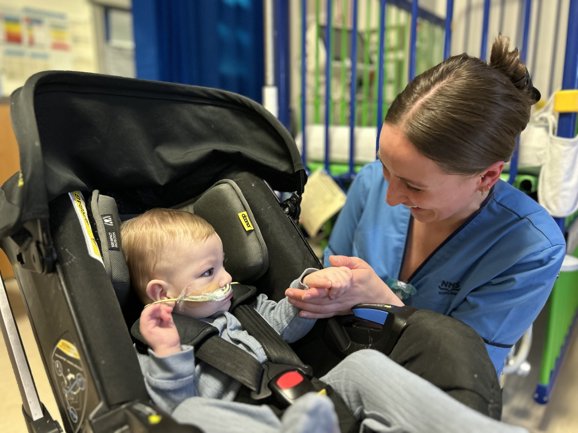 Huge thanks to 15-month-old baby Casey who is pictured with Jess at Royal Aberdeen Children’s Hospital modelling his nasal bridle.